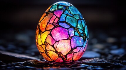 Glowing cracked Easter egg in vibrant hues, gently lit by tiny soft lights in a darkened room