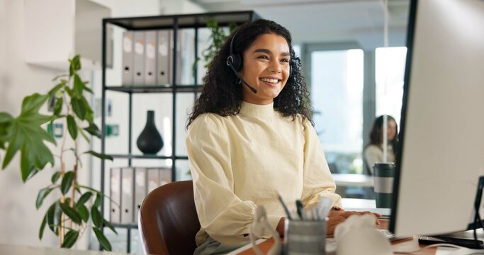 Call center, happy woman and customer service in office with computer, communication and online consulting. Reading, virtual chat or smile for contact support, help desk or sales agent for business