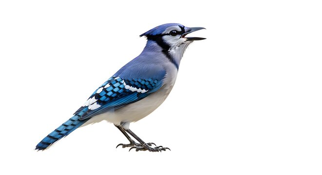 Vibrant Blue Ja, perched alertly, captured in profile with its beak open as if calling or squawking. 