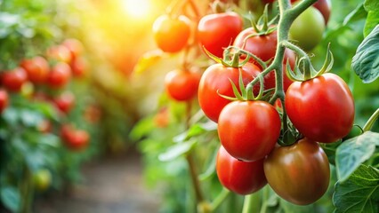 Fresh juicy red tomatoes hanging from the stem of a healthy green tomato plant with leaves and vines in a garden setting, garden
