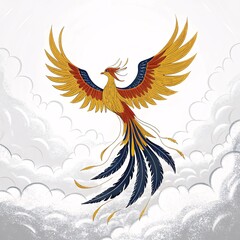 Colorful phoenix soars through a soft, cloud-filled sky, radiating beauty and symbolic rebirth.