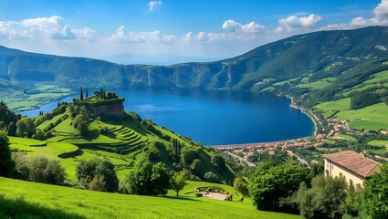 Summer view of castel gandolfo overlooking alban hills