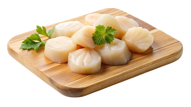 A delightful presentation of fresh raw scallops on a wooden serving board