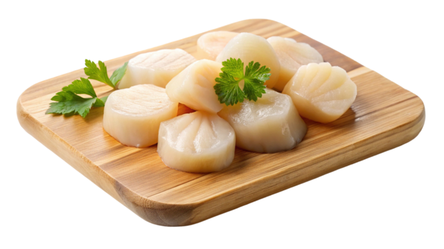 A delightful presentation of fresh raw scallops on a wooden serving board