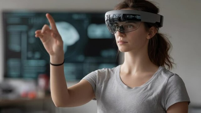 A user standing in a virtual environment using hand gestures to manipulate objects with a floating HUD providing realtime game statistics and information.