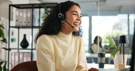 Laughing, happy woman and customer service in call center with agent, communication and online...
