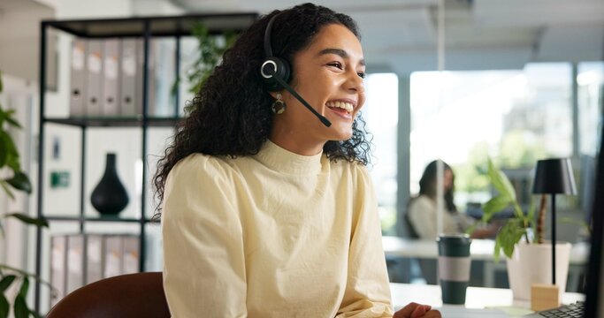Laughing, happy woman and customer service in call center with agent, communication and online consulting. Funny joke, friendly consultant and sales office for CRM contact support, advice or business