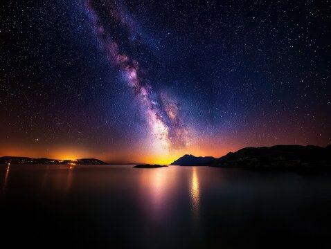 Modern Minimalist Sunset Landscape with Milky Way Reflection in Ocean - Powered by Adobe