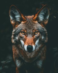 Obraz premium Majestic portrait of an adult wolf showcasing its fierce beauty against a dramatic black background