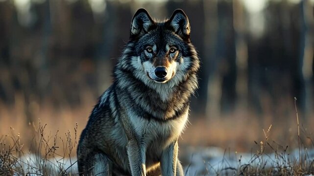 Majestic wolf sitting in a winter landscape, surrounded by soft grass and distant trees