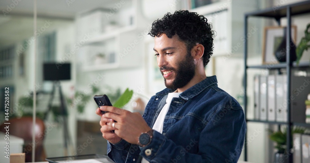 Poster Smile, phone and typing with business an in office for research, communication and networking app. Account manager, text message and email with person in agency for connection, feedback and contact