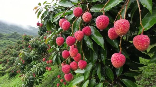 Panoramic drone view of lychee orchard after rain. 8K cinematic shot of misty mountain and lychees. Sunlit lychee trees in slow motion.