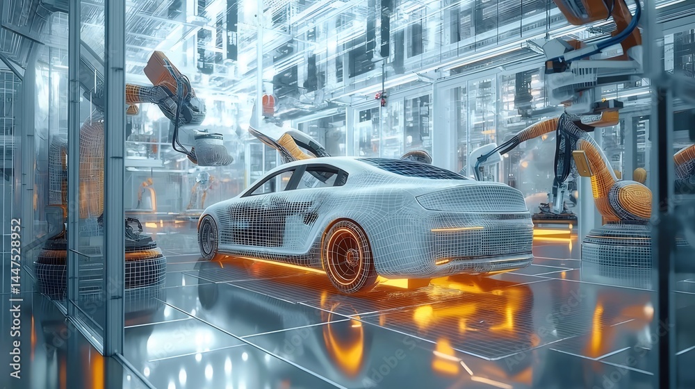 Aufkleber 未来的な自動車製造工場内部の光景 車体とロボットアーム 鮮やかな青とオレンジの照明 未来的な技術と産業の風景