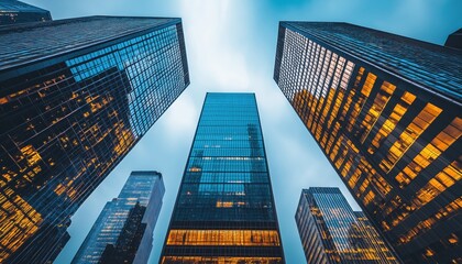 Modern Skyscrapers Looking Up, Dramatic View of City Financial District