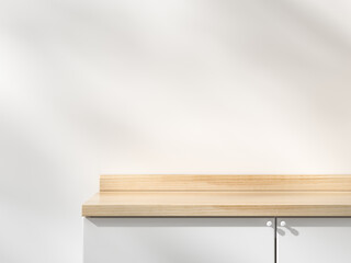 Minimal cabinet, focus on a wooden top with soft sunlight. Space for product presentation display. 3D illustration