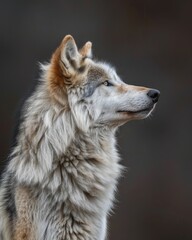 Obraz premium Majestic adult wolf portrait set against a dark, mysterious background for dramatic impact