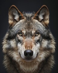 Fototapeta premium Striking portrait of an adult wolf on a captivating black background, showcasing its fierce beauty.