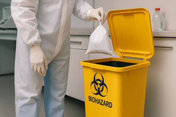 Person in protective suit disposing medical waste into yellow biohazard bin, infectious material disposal in lab, healthcare safety, hazardous waste management protocol

