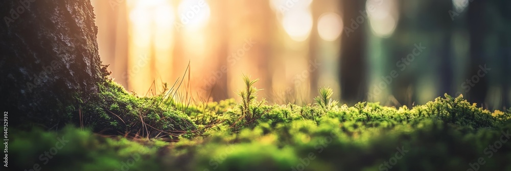 Poster bright sunlight streaming through the trees illuminates vibrant green moss thriving at the base of a