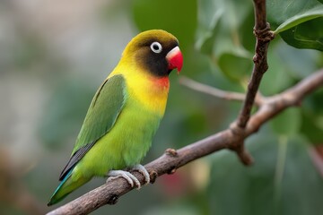 Naklejka premium Vibrant lovebird perched on a branch amidst lush green foliage.