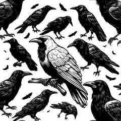 Obraz premium rare white crow surrounded by black crows, symbolizing uniqueness, nonconformity, and standing out from the crowd sketch engraving generative ai PNG illustration. Scratch board. Black and white.