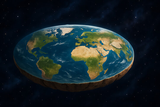 Flat Earth illustration floating in outer space, conceptual image representing flat Earth theory, alternate science perspective, space art fantasy, geography and belief concept

