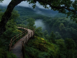 Serene Wooden Walkway in Lush Forest