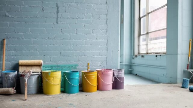 A vibrant image of paint buckets brushes and rollers lined up next to a wall that is being transformed with colorful fresh paint.