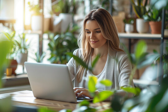 A successful businesswoman efficiently utilizes her laptop to work remotely, dedicating her time to typing, planning for her startup company, and strategizing for its financial success, all while embr