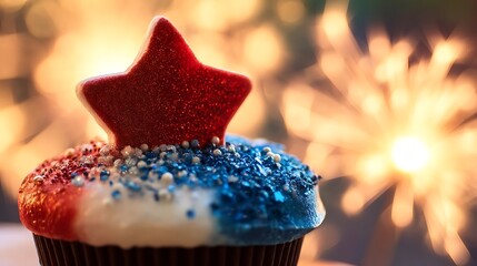 Red, white, and blue cupcake with star sprinkles, celebrating American Independence Day with festive joy