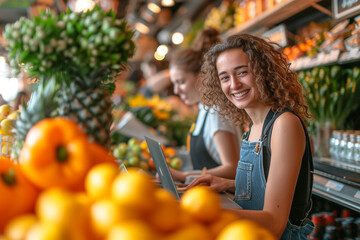 Employees at an eco friendly fair trade shop utilize the laptop to manage retail operations, including staff management, inventory checklists, stock inion, in order to promote sustainability ethical p