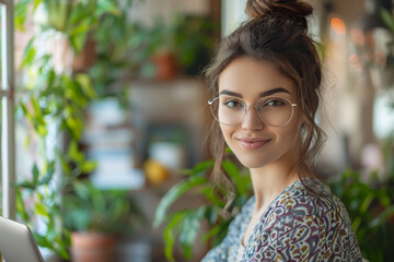 A tech savvy young woman, a diligent student, is utilizing her laptop to engage in e learning or efficiently work remotely from comfort of her home office, benefiting from assistance of AI technology 