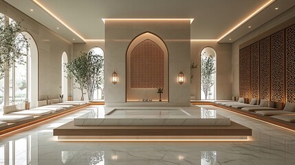 Luxurious spa interior design, Middle Eastern style, relaxation area, marble pool, tranquil background, wellness retreat