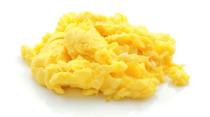 A plate of delicious scrambled eggs presented in an isolated manner on a pure white background. The soft and fluffy texture of the scrambled eggs makes them extremely appealing, and this image is suit