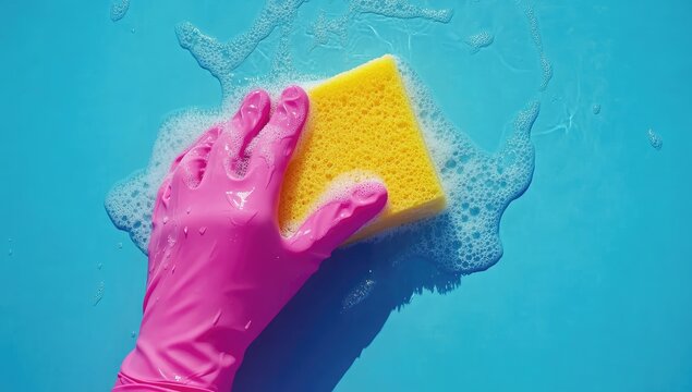 Pink glove cleans with yellow sponge