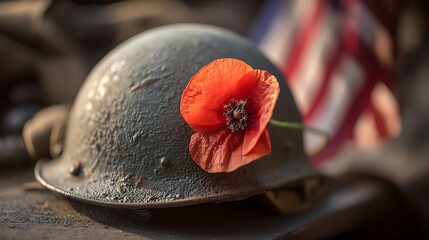 A red poppy on denim honors Memorial Day, with a flag softly behind, bathed in golden light. Remembrance and patriotism in a simple symbol.