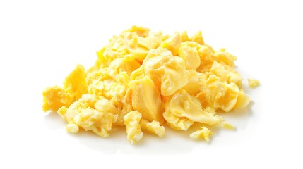 A plate of delicious scrambled eggs presented in an isolated manner on a pure white background. The soft and fluffy texture of the scrambled eggs makes them extremely appealing, and this image is suit