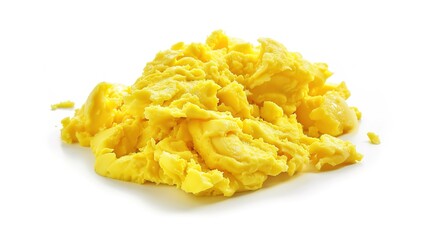 A plate of delicious scrambled eggs presented in an isolated manner on a pure white background. The soft and fluffy texture of the scrambled eggs makes them extremely appealing, and this image is suit