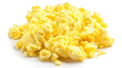 A plate of delicious scrambled eggs presented in an isolated manner on a pure white background. The soft and fluffy texture of the scrambled eggs makes them extremely appealing, and this image is suit