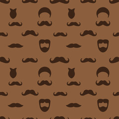 Fun, Repeating Pattern of Mustaches and Beards on a Brown Background.