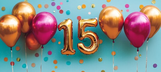 Golden Number 15 Balloons With Festive Multicolored Balloons And Confetti On A Blue Background