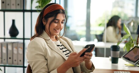 Business, woman and typing with phone in office for online policy advice, reading EIA and sustainability research. Environmental consultant, employee and smartphone for client feedback and networking