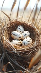 Obraz premium Nest with eggs nestled in dried grass