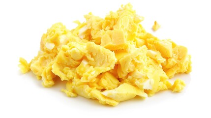 A plate of delicious scrambled eggs presented in an isolated manner on a pure white background. The soft and fluffy texture of the scrambled eggs makes them extremely appealing, and this image is suit