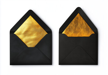 Black envelope with gold lining on white background,