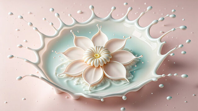 Milk splash shaped like flower with delicate petals and soft pastel background, creating visually stunning and artistic liquid design full of elegance and motion