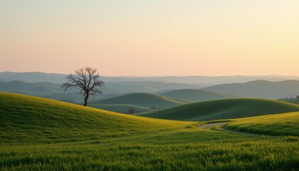Obraz premium Rolling Hills Landscape with Solitary Tree