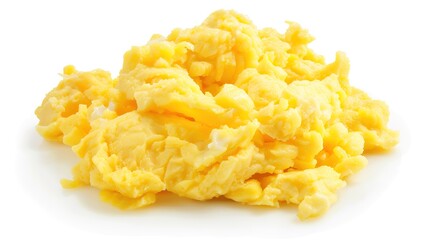 A plate of delicious scrambled eggs presented in an isolated manner on a pure white background. The soft and fluffy texture of the scrambled eggs makes them extremely appealing, and this image is suit