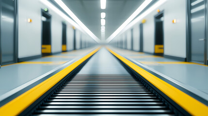 Fototapeta premium A modern, brightly lit hallway with a central conveyor belt and multiple doors along both sides, evoking a futuristic industrial facility.