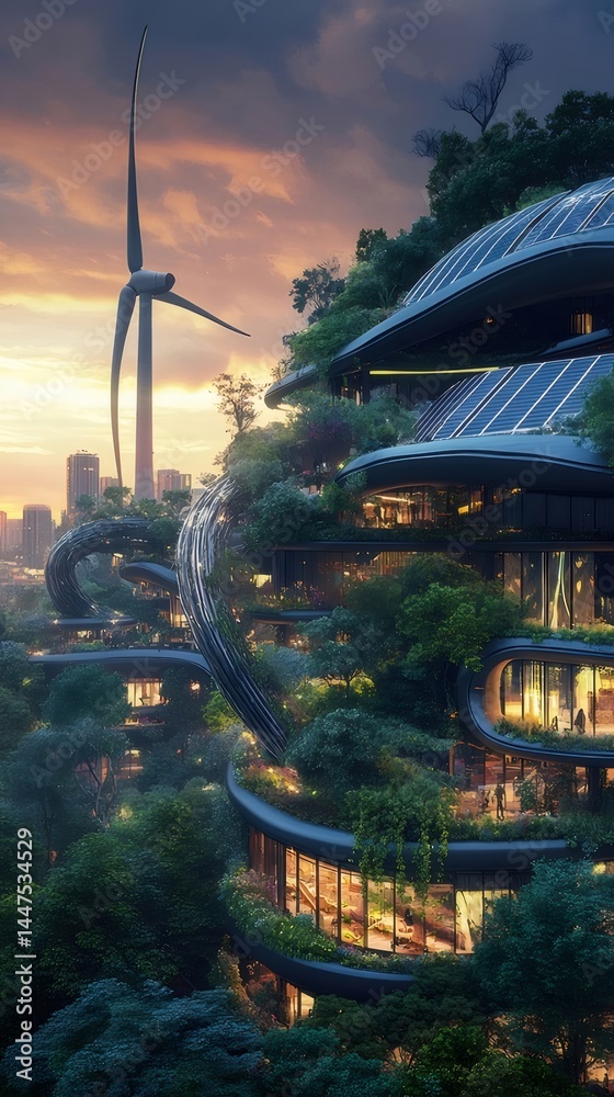 Poster 夕焼け空の下 未来都市の緑豊かな建築 風力発電と自然の融合 現代的デザイン